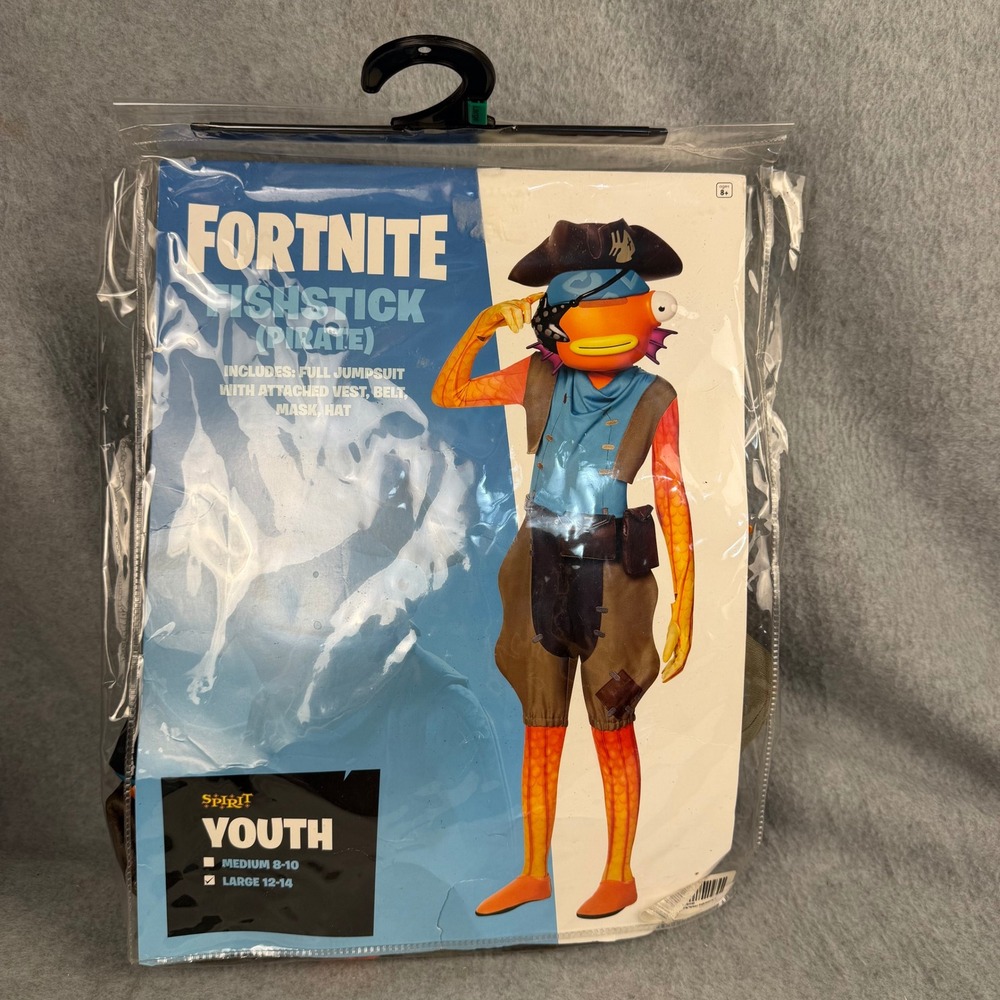 Spirit Fortnite Fishstick Pirate Costume Kids L 12-14 Orange Blue Jumpsuit NEW